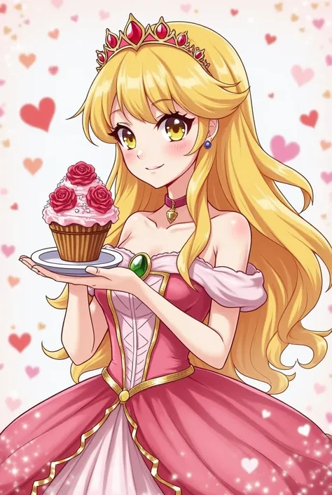 cartoon illustration of a pretty princess holding a cupcake with roses, an anime drawing inspired by Puru, pixiv, process art, anime princess, blonde - haired princess, rei hino as a princess, royal elegant pose, loli in dress, dressed as a queen, princess...