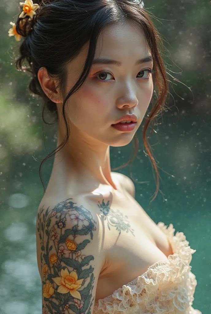 Asian girl with tattoos of water lily and daffodil flowers 