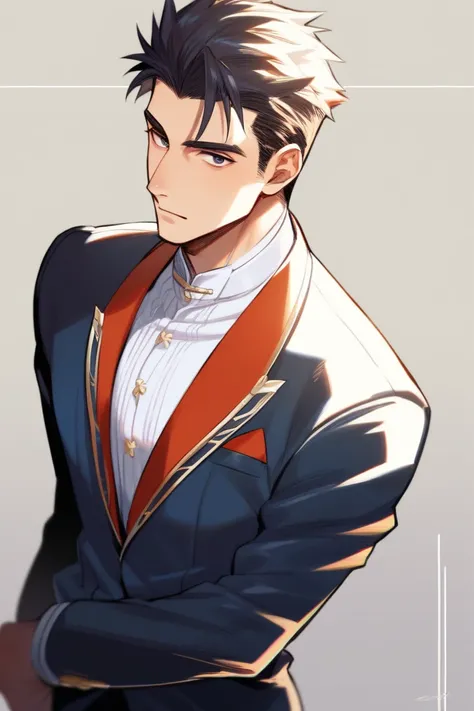 Male character. Older man in his forties. Muscular build. Short salt-and-pepper hair, graying at the temples, carefully styled. Dark Eyes. Body is Tall and slim build, stands straight with perfect posture. Handsome. Fair complexion, some age lines and wrin...