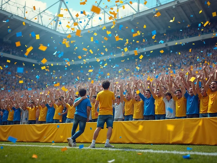 photorealistic, A crowd on a small old-fashioned soccer field (NOT A STADIUM), In a row on 10 steps, before a barrier. Euphoric goal cheers from the spectators, They all wear blue and yellow clothes (T-Shirt, Jeans, polo shirt). Blue-yellow flags are waved...