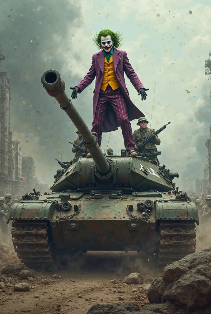 Joker standing on a tank, laughing as he commands his army to attack.