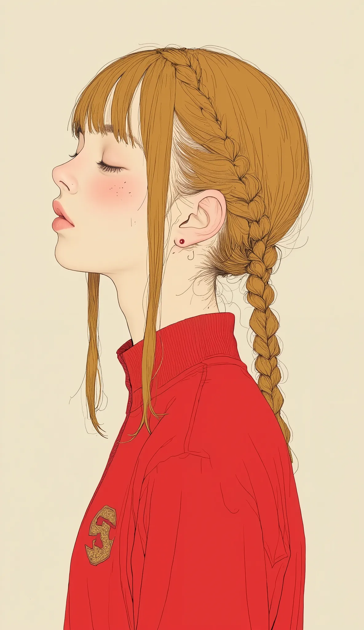 teeth、It depicts a girl wearing a red stadium jumper with her eyes closed、profile、blonde braids pigtails、 freckles、Minimalistic painting by Yoshitomo Nara, Tumbler, それteeth何ですか？, Nara Yoshitomo, shinsui ito, sui ishida, kaoru mori,  Yaoi Kasuma , Kurumada ...