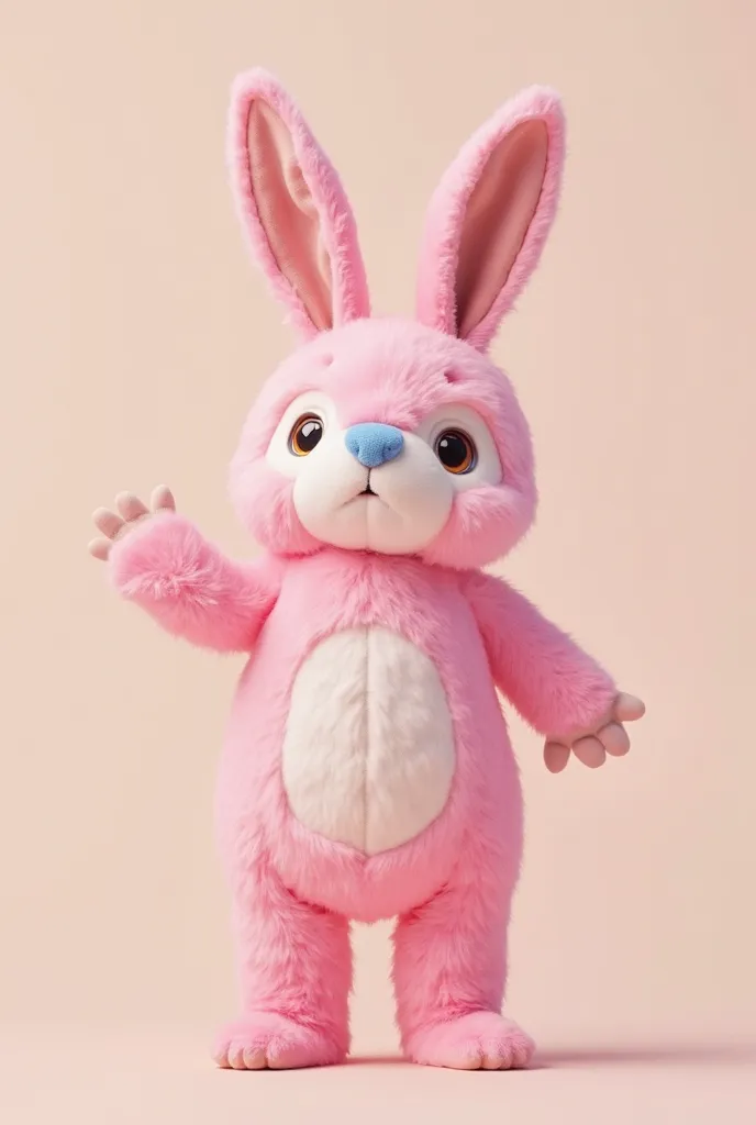 has a pink bunny with a blue nose and a blue nose, a pastel color by Iwao Takamoto, tumblr , creative print, stuffed animal fumo cute bunny girl, wearing a pink rabbit costume, the bunny has pink fur, wearing a  Bunny Suit ,  Bunny Suit ,  rabbit with pink...