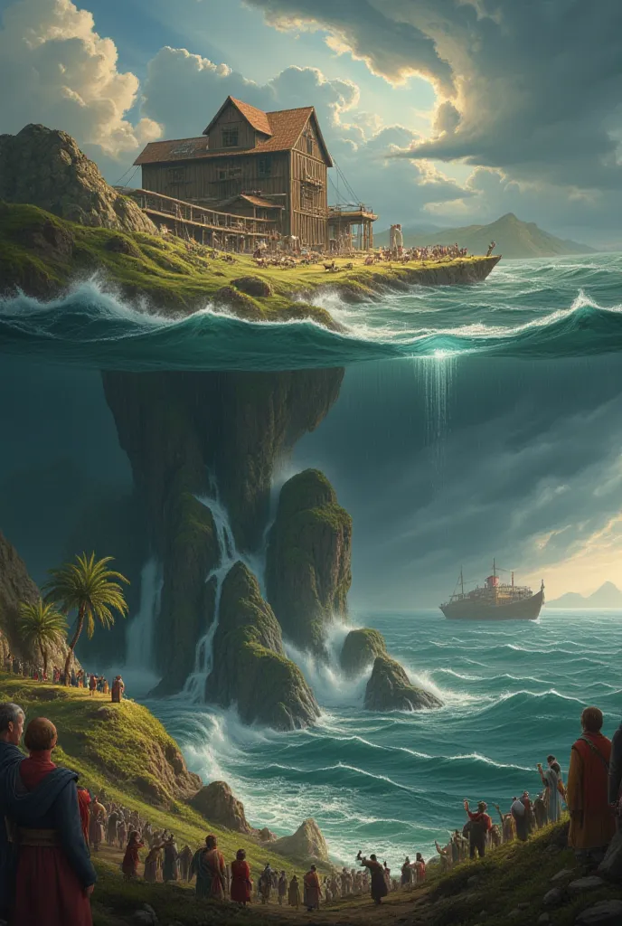 "Create a series of high-quality images that capture Noah's last days before the flood. The first image should show Noah building an ark, surrounded by his family and a crowd of onlookers. The second image should depict Noah herding the animals, with a var...