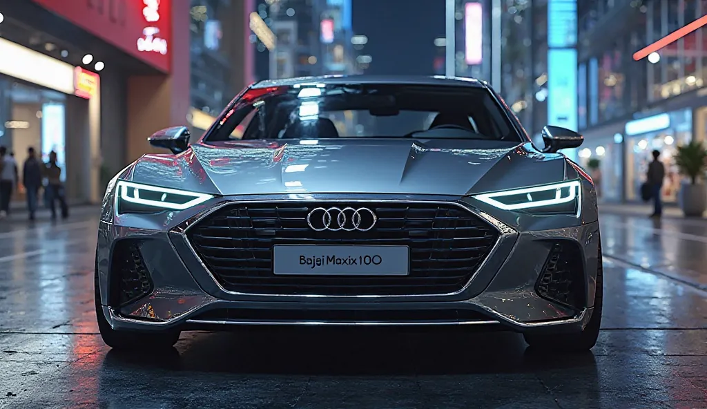 Front View Prompt:
"An ultra-realistic, futuristic luxury vehicle named '2025 Bajaj Maxima 100-Seater Auto' inspired by Audi A8 Horch, in metallic grey. The front design has a bold, illuminated grille with sleek, sharp LED headlights. The aerodynamic hood ...