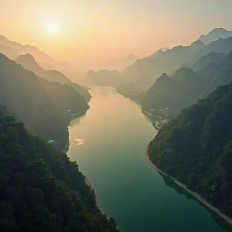 A breathtaking aerial view of Thang Hen Lake, now bathed in warm golden hour light, casting soft amber hues across the emerald-green water. The sky is painted with gentle shades of orange and pink, blending harmoniously with the rolling mist over the dista...