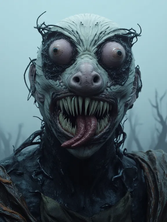 surreal, eerie, misty neon colors, alien headpiece, two large human eyes with long eyelashes popping out of the head of a wizened 100 year old male character, under the eyes is a flat pigs nose, and a mouth which has large open thick lips with large protru...