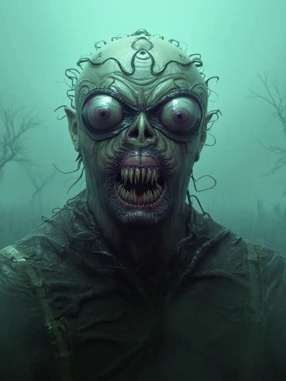 surreal, eerie, misty neon colors, alien headpiece, two large human eyes with long eyelashes popping out of the head of a wizened 100 year old male character, under the eyes is a flat pigs nose, and a mouth which has large open thick lips with large protru...