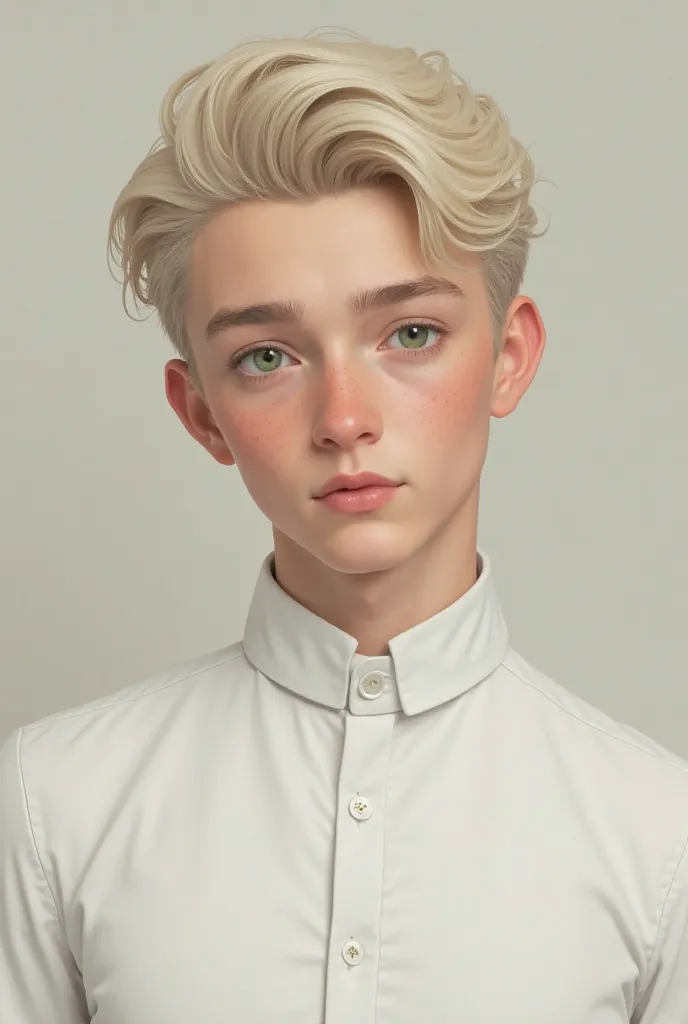 Boy about  with a classy look. Very combed platinum blonde hair and green eyes. Very white complexion and without beard, moustache or facial hair. He is dressed in a white high-neck shirt.