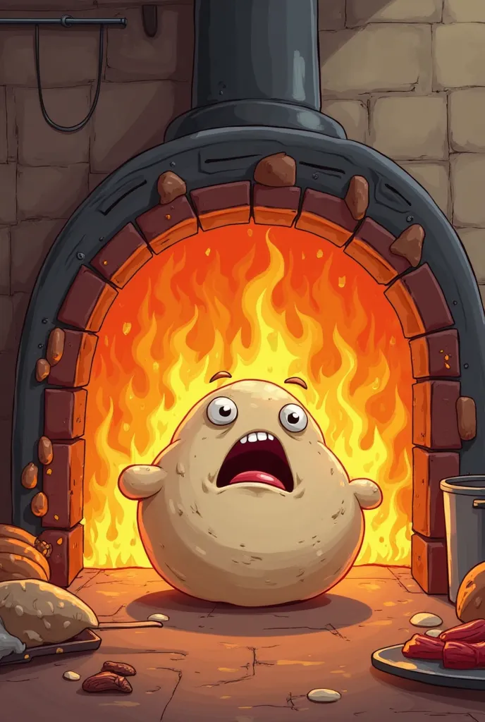 Cartoon Fire Oven with dough panicking 