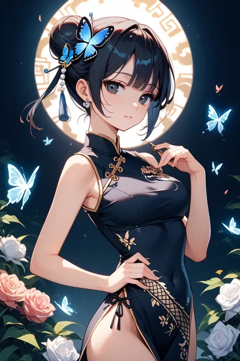 best image quality，Highest quality，masterpiece，highest resolution，8k， black hair，Black Eyes，short hair， bun ponytail，Butterfly Hair Ornament，china dress，黒色のchina dress