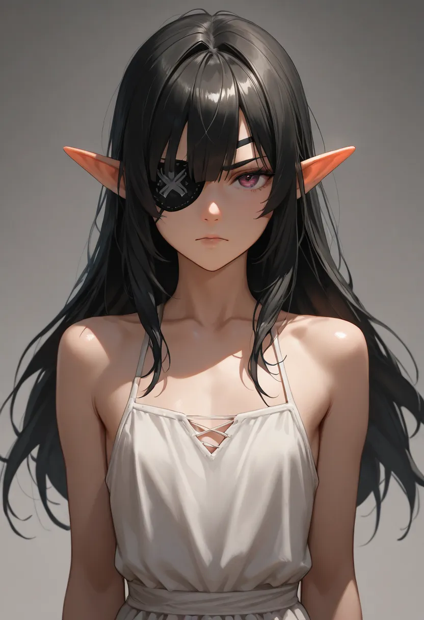 short tiny elf girl, warrier slave, serious face, (eye patch)1.4, small chest, (black long hair), wide short ripped dress,