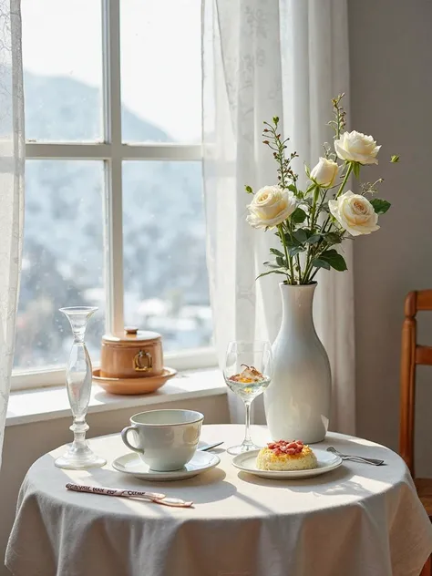 Still Life Western Style 6-Piece Clear Glass Outside Window Outside Window Remote Towering Snow Mountain White Curtain Front Wood Small Table Coffee Coffee Cup Cold Hot Steam 6" White Porcelain Plate Fork Fork Frying Egg Bacon Cream Rice White Tablecloth M...