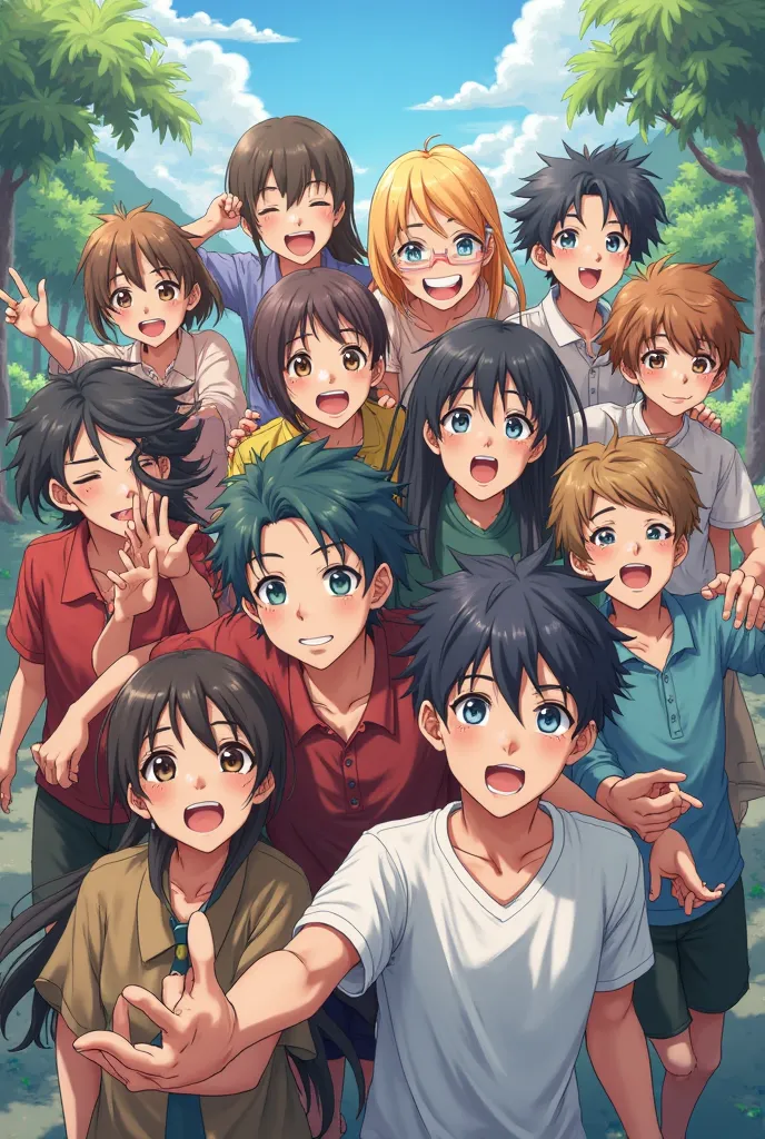 group of boys and girls, anime style