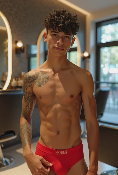 Latino  highschool boy with a thigh tattoo wearing a red underwear is taking a selfie at a modern saloon