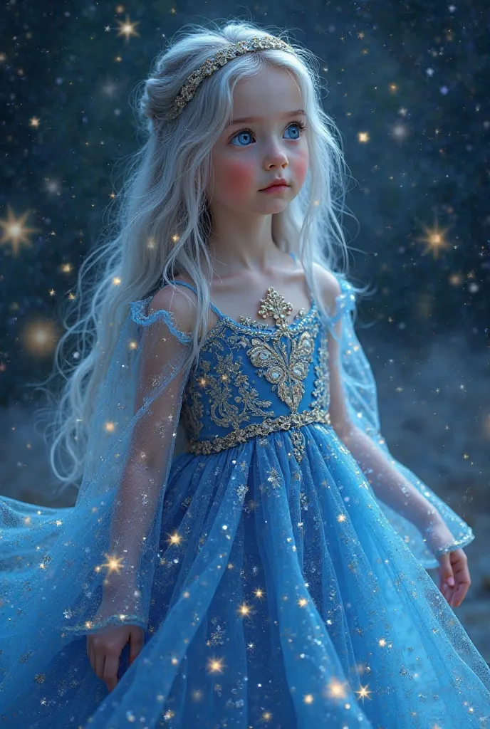 The  girl has a delicate, almost ethereal beauty. Her large, mesmerizing blue eyes shine like deep sapphires, reflecting the twinkling stars above. Her skin is fair and luminous, giving her an otherworldly glow, and her cheeks are slightly rosy, adding to ...