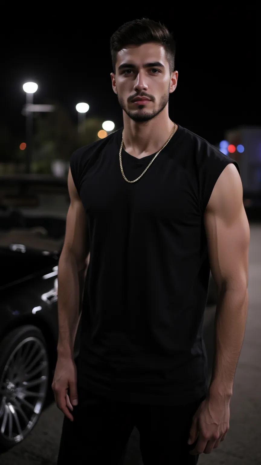 a handsome young turkish guy with muscle, dark very short hair fade and goatee he wearing a black tshirt and a black loose pants and a thin gold chain he is in a mercedes s coupe in black amateur photo random picture its night and location is germany he ha...