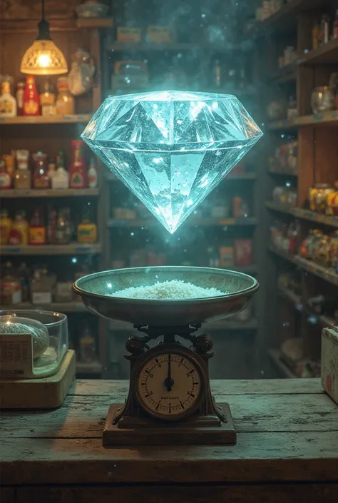 Inside a small grocery shop, a large weighing scale hangs from the ceiling. A bright, glowing diamond is tied to it, attracting the attention of passing customers who admire its beauty."