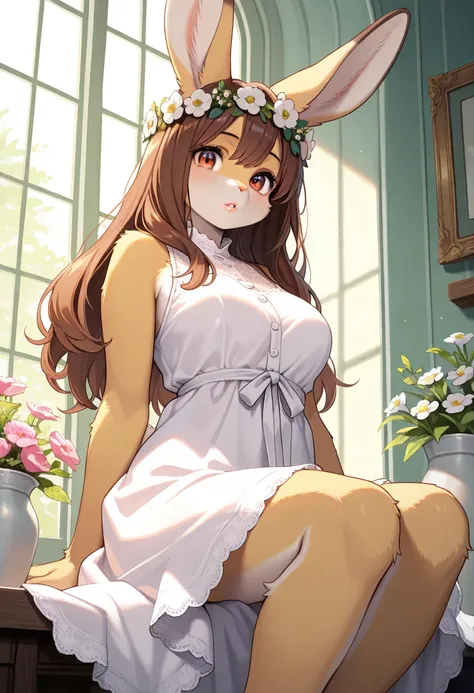 1girl, (furry, kemono:1.4), rabbit girl, animal nose, rabbit ears, window, 1girl, brown hair, lips, long hair, parted lips, dress, white dress, sleeveless, sleeveless dress, looking at viewer, sitting, head wreath, flower, solo, indoors, masterpiece, best ...