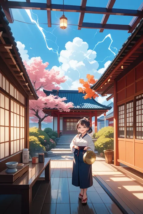 "A modern Japanese house with solar panels on the roof, bathed in warm sunlight. In the foreground, a happy family is looking at a noticeably lower electricity bill, smiling with relief. An electricity meter with a slow-moving dial is subtly visible, symbo...