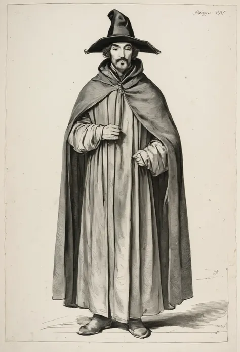 drawing of a man in a hat and cloak with a dog, by Jacques Callot, wearing a flowing cloak, inspired by Jacques Callot, concept art of a monk, picture of a male cleric, 19th century woodcut, dressed in a [ [ 1 2 th century, pen-and-ink illustration, pen - ...