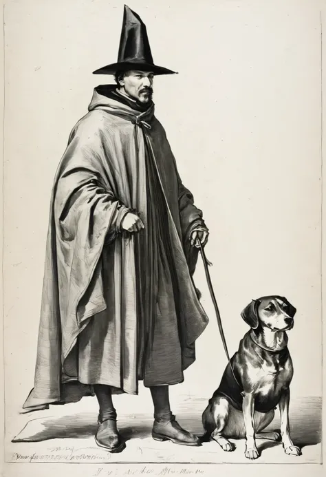 drawing of a man in a hat and cloak with a dog, by Jacques Callot, wearing a flowing cloak, inspired by Jacques Callot, concept art of a monk, picture of a male cleric, 19th century woodcut, dressed in a [ [ 1 2 th century, pen-and-ink illustration, pen - ...