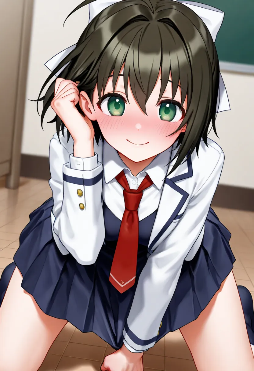 Kohinata Miki, 1 female, solo, looking at viewer, blushing, smiling, short hair, shirt, brown hair, green eyes, jacket, school uniform, hair ribbon, hair bow, pleated skirt, indoors, tucking up clothes, Dutch angle, kneeling, tucking up skirt, red tie, tuc...