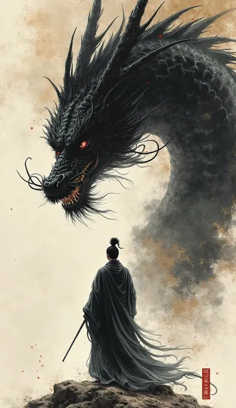 “ A breathtaking ink-style fantasy scene of an ancient Chinese warrior in flowing traditional robes standing before a massive black dragon. The dragon, painted in dynamic brushstrokes, emerges from swirling ink clouds, its fierce eyes glowing with intensit...