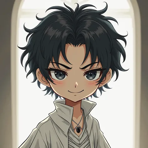 "A chibi-style male character with thick, bold outlines, giving off a complex villain vibe similar to Johan Liebert. He has messy black hair and deep, piercing black eyes that exude an unsettling calmness. His expression is a charismatic yet eerie smile, s...