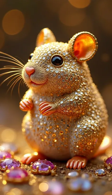 A dazzling hamster sculpted entirely from pure gold and embedded with sparkling gemstones. Its round, plump body gleams in the light, with tiny rubies and sapphires forming intricate patterns along its back. The hamster’s eyes are shining black diamonds, a...