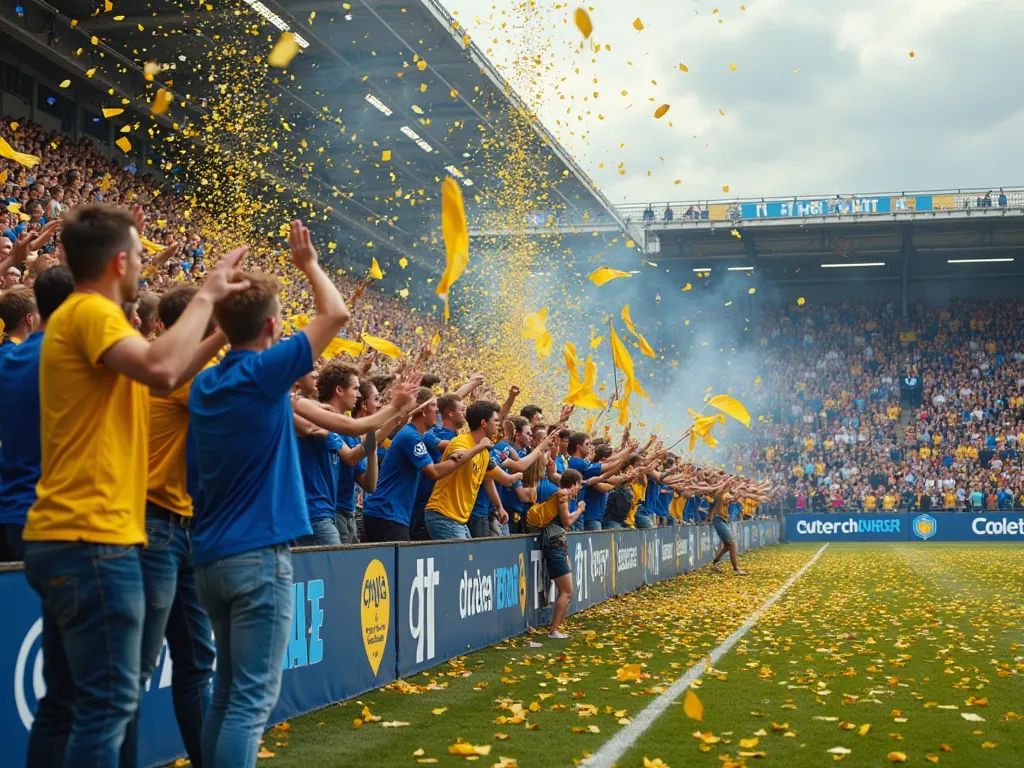 photorealistic, A crowd on a small old-fashioned soccer field (NOT A STADIUM), In a row on 10 steps, in front of a barrier. Euphoric goal cheers from the spectators, They all wear blue and yellow clothes (T-Shirt, Jeans, polo shirt). Blue-yellow flags are ...