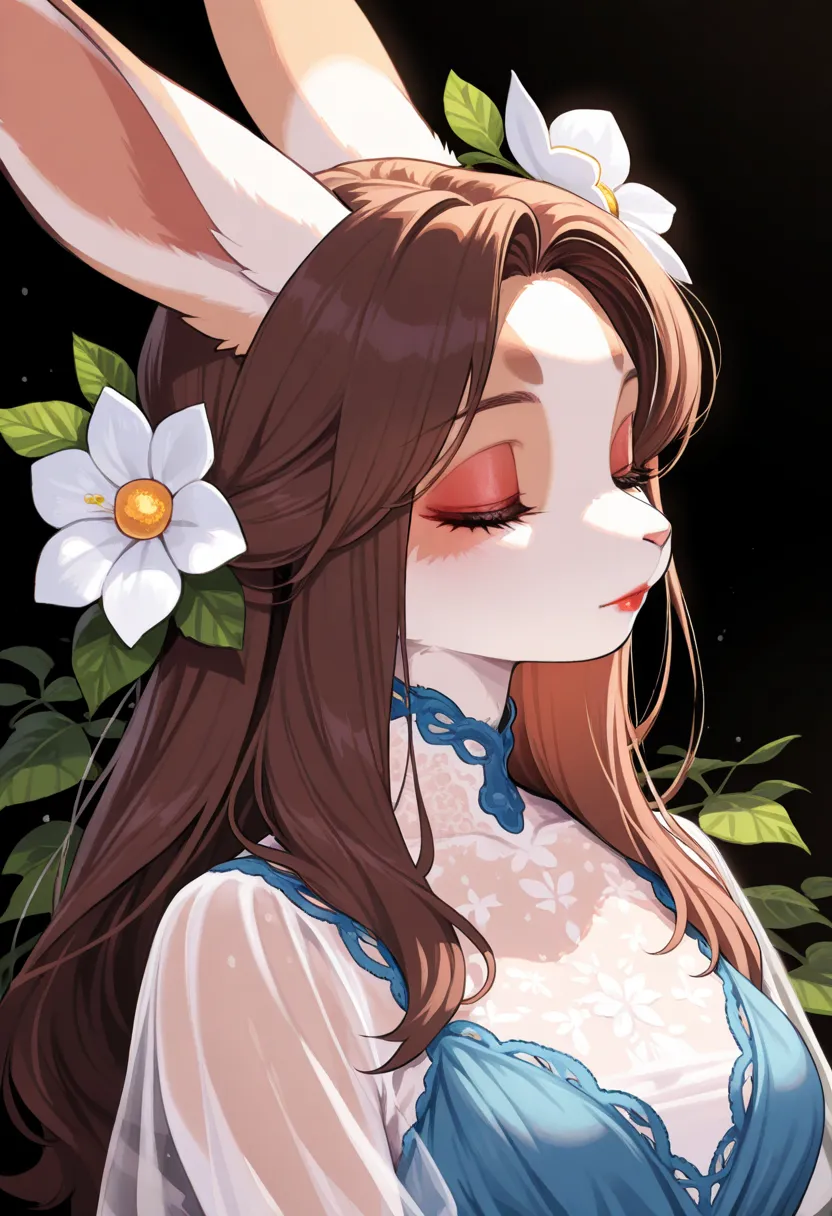 1girl, (furry, kemono:1.4), rabbit girl, animal nose, rabbit ears, hair flower, closed eyes, brown hair, makeup, eyelashes, dress, hair ornament, see-through, white dress, blue dress, flower, leaf, solo, upper body, black background, red lips, white flower...