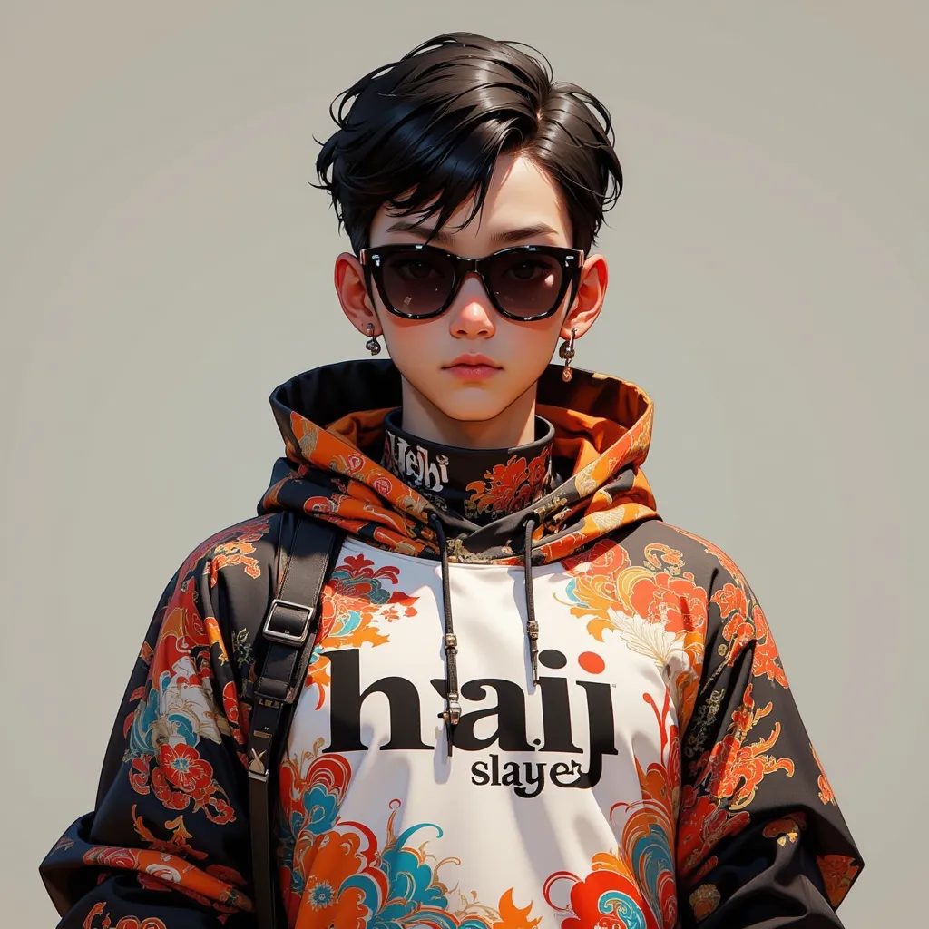 4D Realistic Photo, 20 year old guy, middle part hair, wearing sunglasses, wearing a cream colored hoodie with Indonesian batik motif and the front says "HAJI SLAMET", wearing Jordan shoes