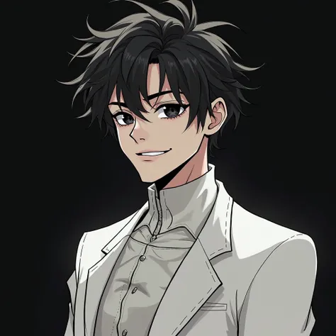 "A chibi-style male character with thick, bold outlines, giving off a complex villain vibe similar to Johan Liebert. He has messy black hair and deep, piercing black eyes that exude an unsettling calmness. His expression is a charismatic yet eerie smile, s...