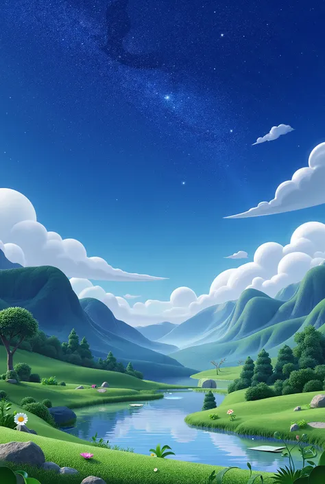 Quiet night forest scene，lawn，Surrounded by small rocks and shrubs，Quiet river reflecting the starry sky，Colorful flowers scattered on the meadow