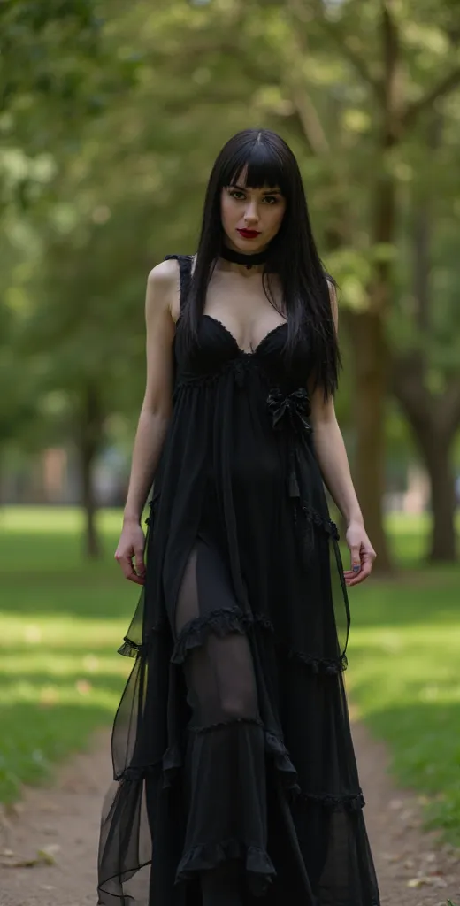 Rory Mercuty,high resolution, best quality, HD model, Highly detailed, high quality photo, full frame, full length , full height,  gothic style, black hair, straight hair, Breasts, makeup, scarlet lips, Park,  walking in the park , posing in the park 