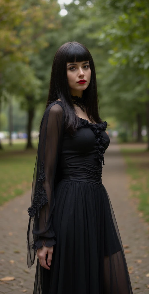 Rory Mercuty,high resolution, best quality, HD model, Highly detailed, high quality photo, full frame, full length , full height,  gothic style, black hair, straight hair, Breasts, makeup, scarlet lips, Park,  walking in the park , posing in the park 