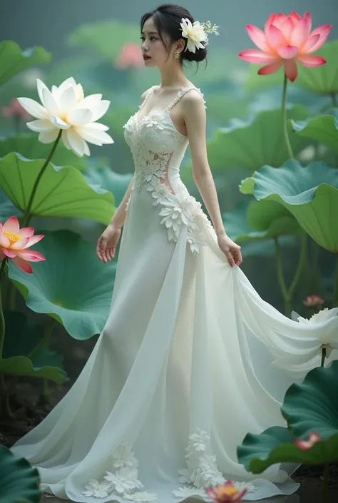 a woman in an elegant, flowing white gown adorned with floral designs. She is standing in a serene environment surrounded by large lotus flowers in various colors, including white and red, along with broad green leaves. The setting resembles a tranquil gar...