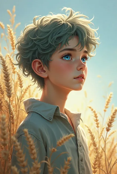 age boy, around . his millet-colored hair flutters in the wind, he looks somewhere into the distance, his eyes are the color of sapphireя 