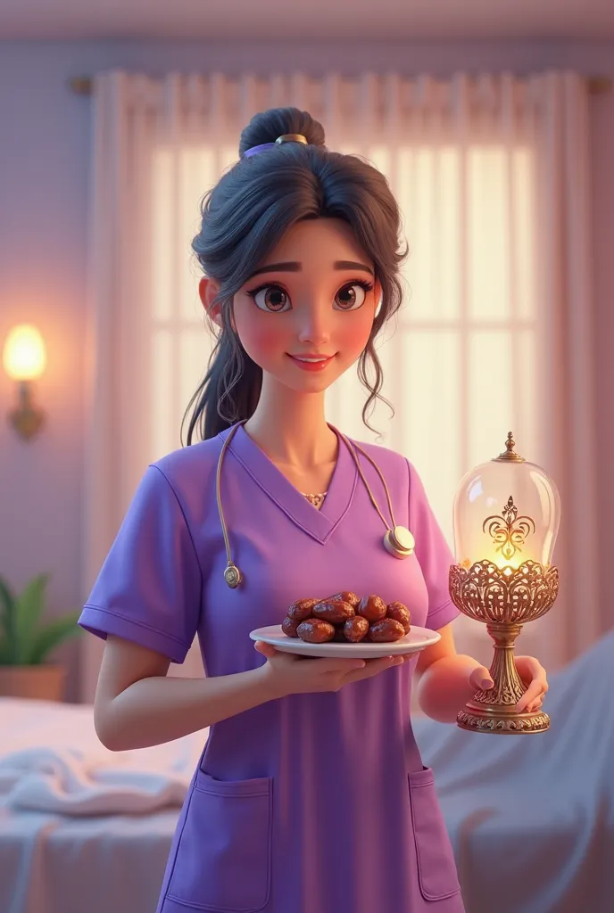 cute nurse , purple medical gown , holds a plate of dates and a beautiful lamp, 3 d