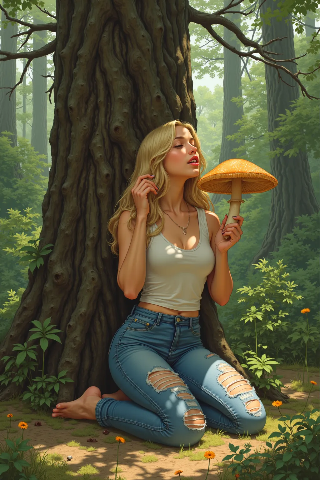 (Beautiful blond  girl  , Wear a white tank top and tight distressed denim, the woman is on her knees and is barefoot ,)、(A big thick cedar tree stands tall in front of the girl、Mushrooms grow from the middle of cedar trees、A large matsutake mushroom is gr...