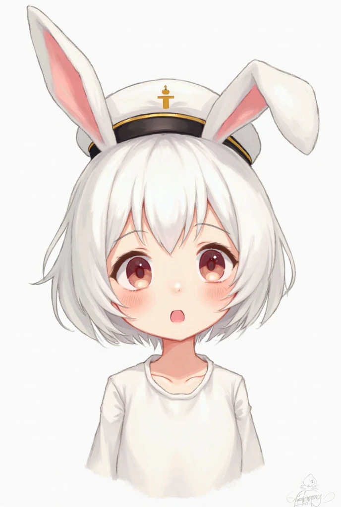 Cartoon girl with short white hair white top white captain's hat and white rabbit ears

