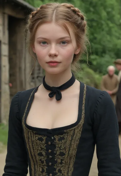  skinny girl, very young, black clothes, full body shot, tight old fashion clothes, c-cup, old village, year 1750, old hairstyle, tight old fashion clothes, young girl, wes anderson movie, outlander series, nell hudson, masterpiece, uhd, 8k, detailed face,...