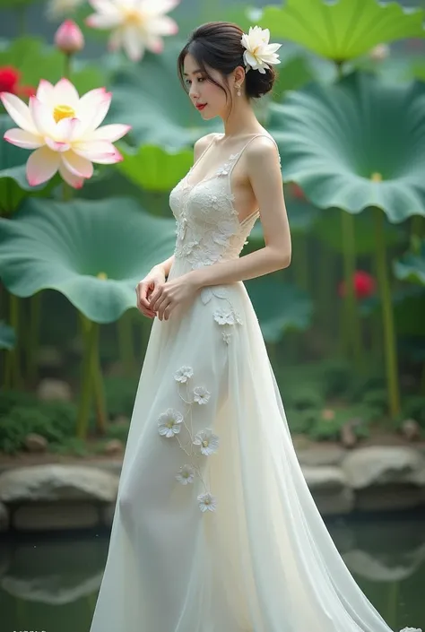 a woman in an elegant, flowing white gown adorned with floral designs. She is standing in a serene environment surrounded by large lotus flowers in various colors, including white and red, along with broad green leaves. The setting resembles a tranquil gar...