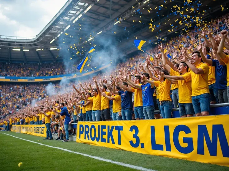 photorealistic, An audience on a soccer field (NOT A STADIUM), In a row on 10 steps, In front of it, a barrier. Euphoric goal cheers from the spectators, They all wear blue and yellow clothes (T-Shirt, Jeans, polo shirt). Blue-yellow flags are waved and a ...