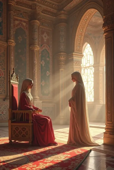 In a spacious room, a beautiful hijab queen sits on a chair and her servant stands in front of her in the first Abbasid era 