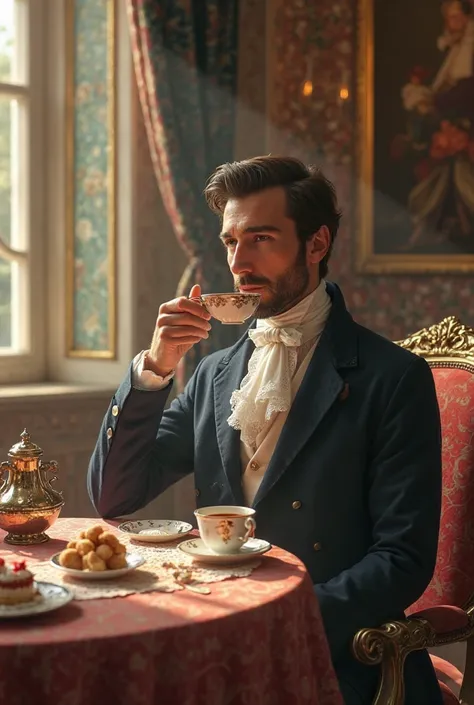 Create me an image of a restaurant based on the 1813 era in England having a cup of tea 