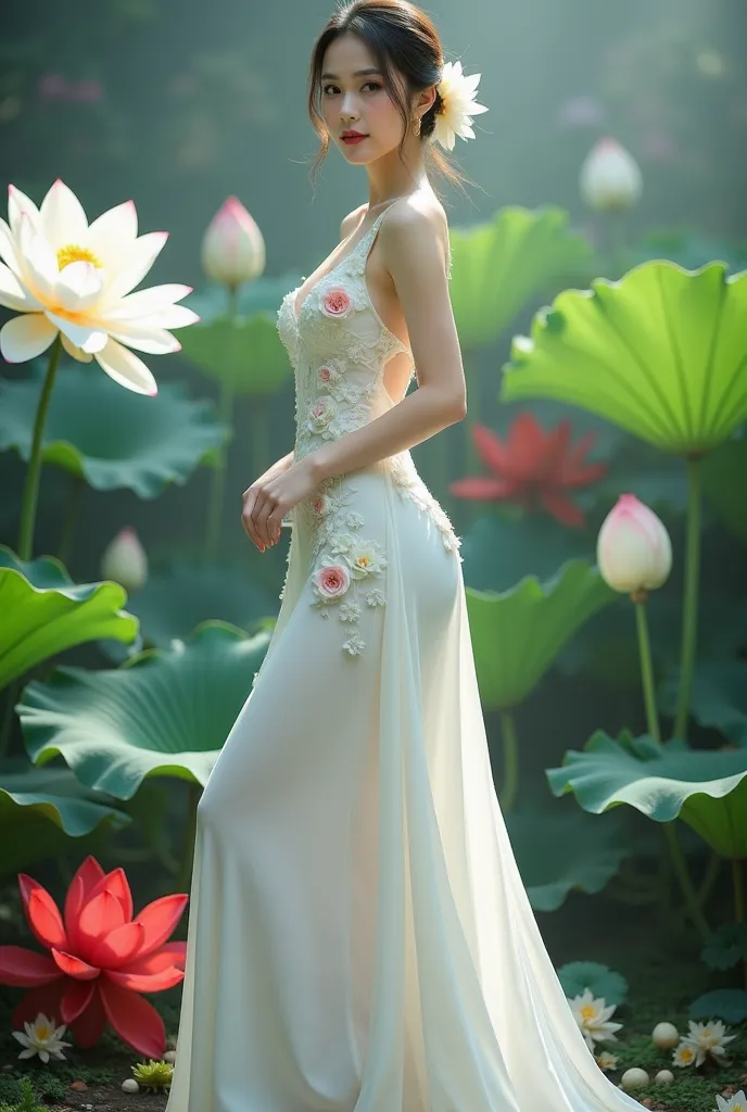 a woman in an elegant, flowing white gown adorned with floral designs. She is standing in a serene environment surrounded by large lotus flowers in various colors, including white and red, along with broad green leaves. The setting resembles a tranquil gar...