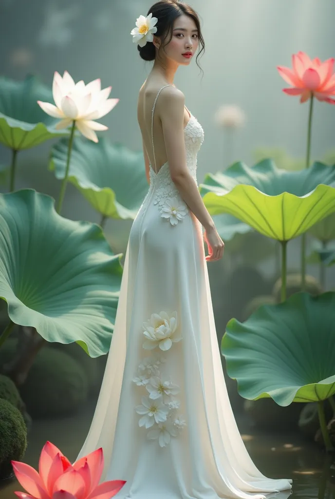 a woman in an elegant, flowing white gown adorned with floral designs. She is standing in a serene environment surrounded by large lotus flowers in various colors, including white and red, along with broad green leaves. The setting resembles a tranquil gar...