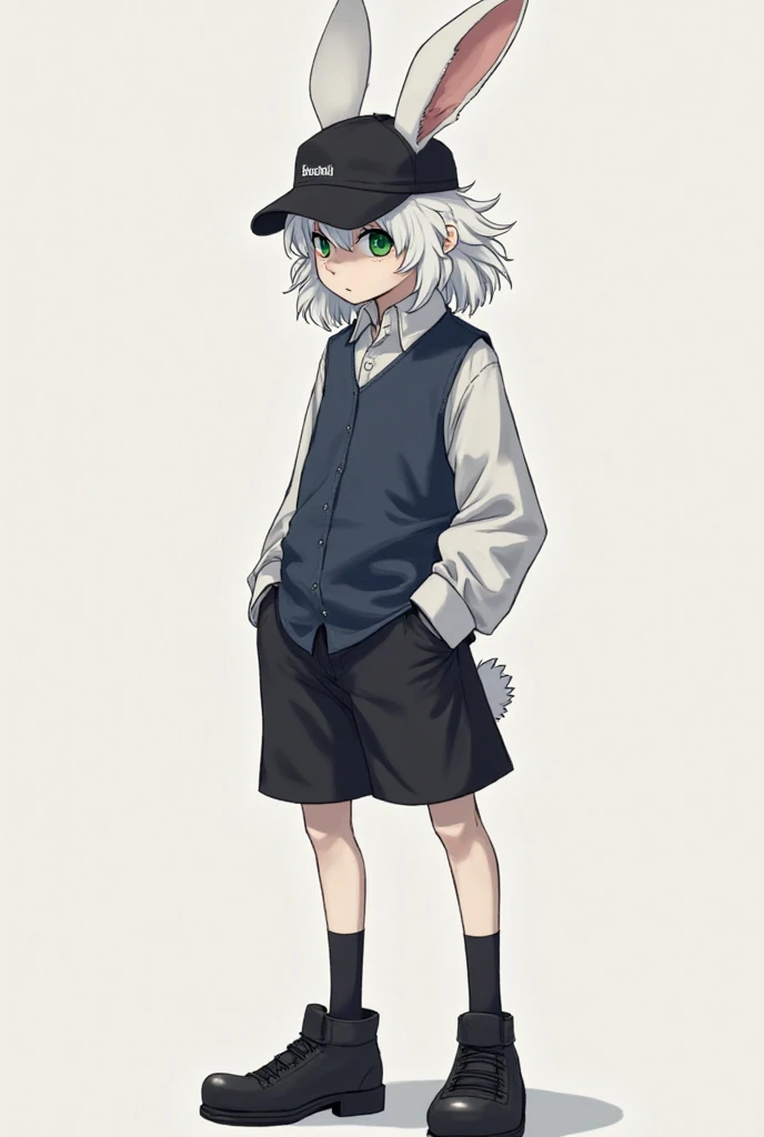 A male rabbit humanized version and semi-realistic anime. The rabbit has wavy white hair, He has dark green eyes , and freckles on both cheeks. The rabbit is tall and serious. The dress is a black cap, a dark blue shirt with long white sleeves, black shoes...